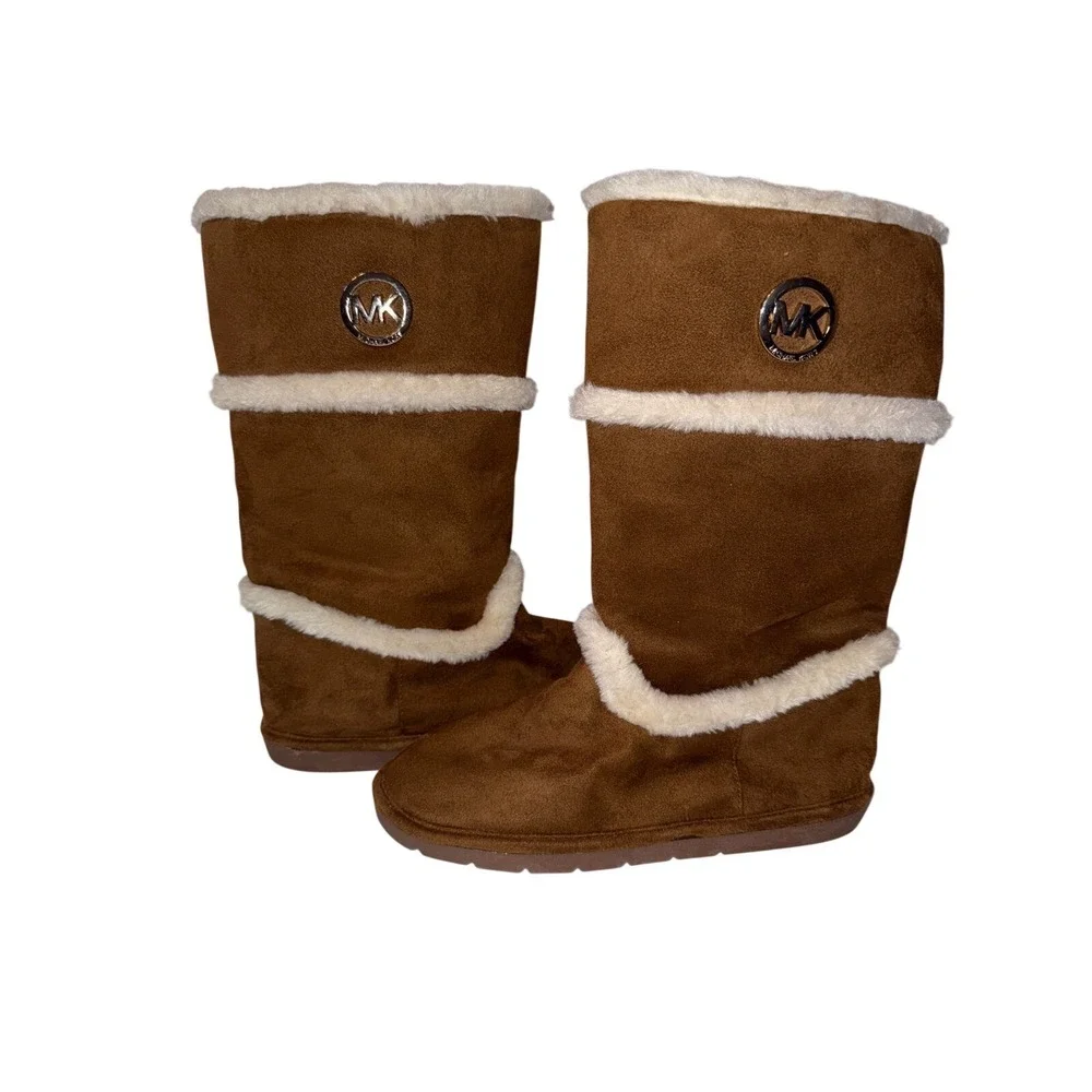 Michael Kors Nevermind Girls Boots 4 Brown Camel Suede Faux Fur Side Zip Boots